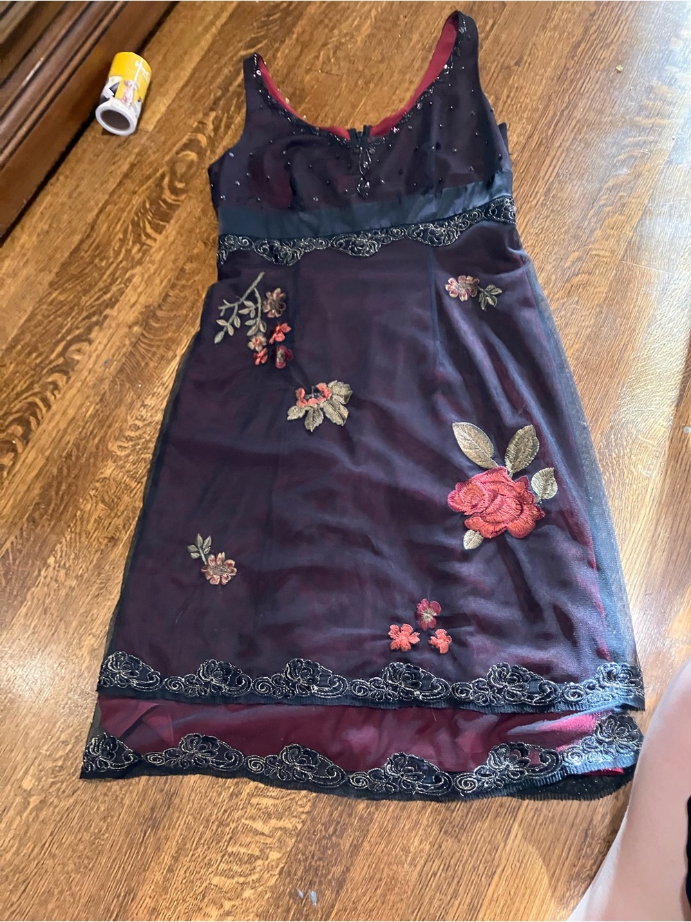 Adrianna Papell Black and Burgundy Embellished Prom Dress - Picture 2 of 9
